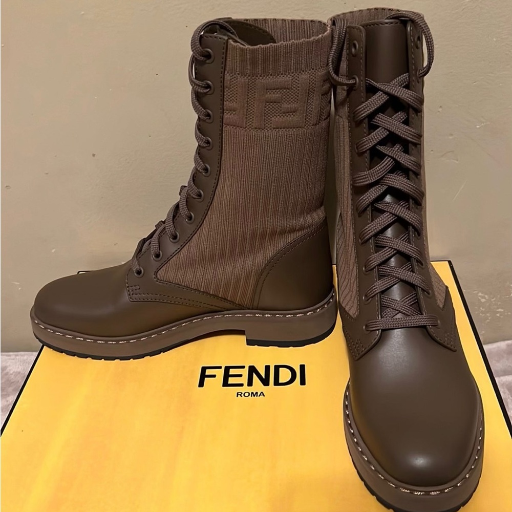 COPY - FENDI brown leather biker boots with stretch fabric